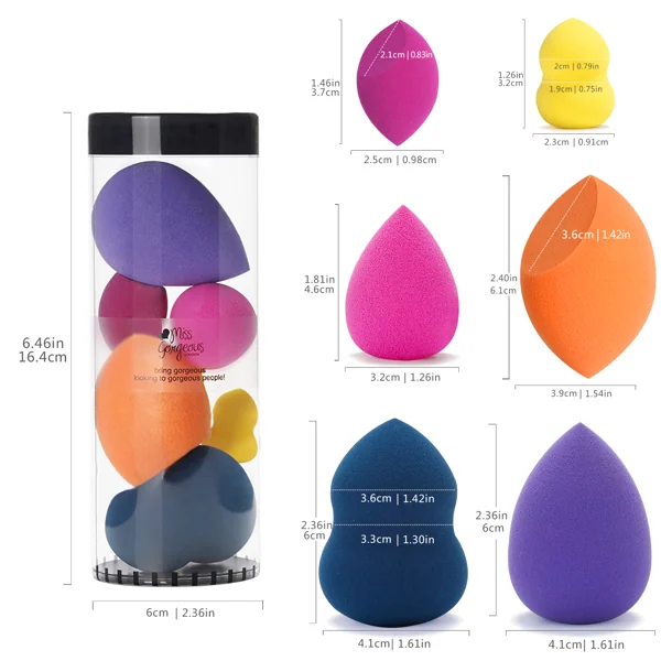Product diagram showing a cylindrical container of colorful makeup sponges and a size guide for various shapes.