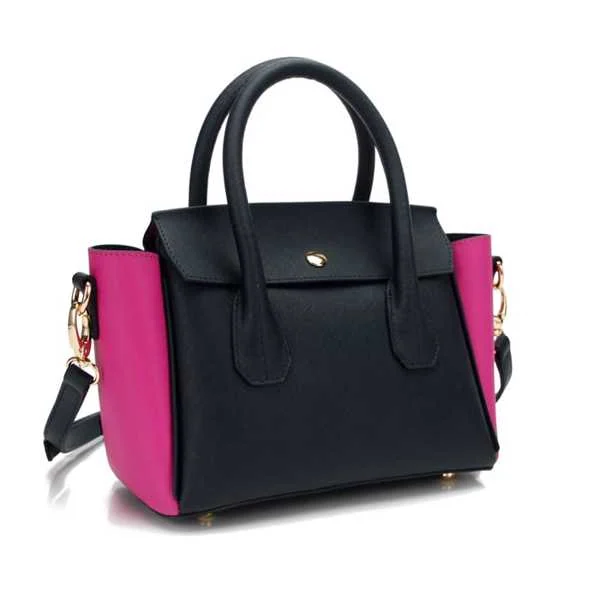 Mini black and pink color-block handbag with gold hardware and detachable shoulder strap on a white background