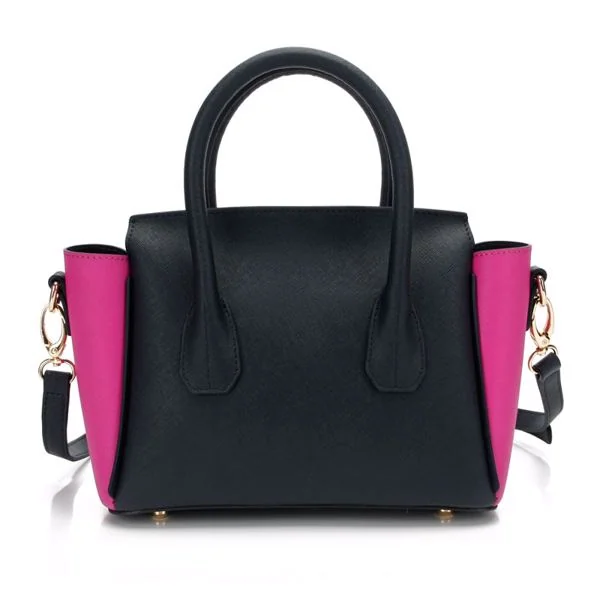 Mini black handbag with pink side panels, gold-tone hardware and dual top handles on a white background