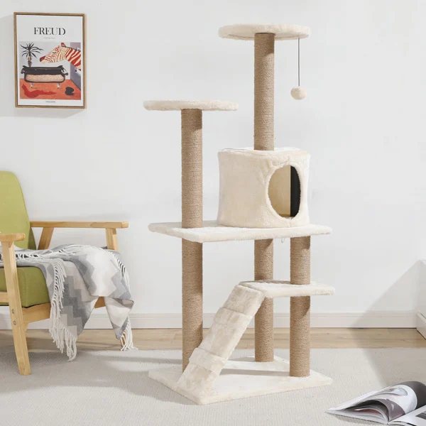 Hanging plush toy attached to the cat tree for interactive play