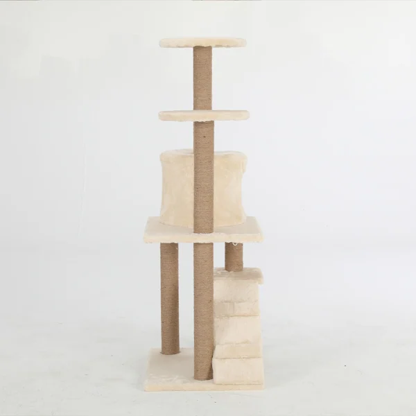 Beige multi-level cat tree with plush platforms, sisal scratching posts, ladder and condo on white background