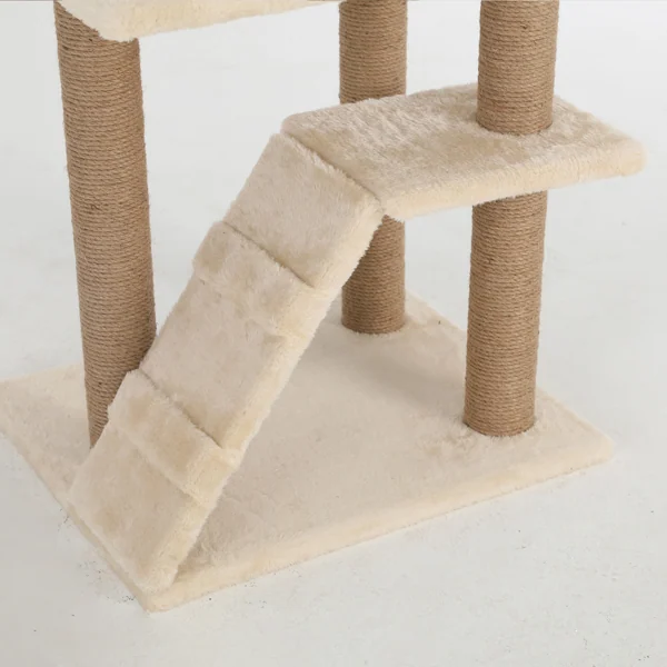 Cat tree placed in a living room with a cat sitting on the top platform