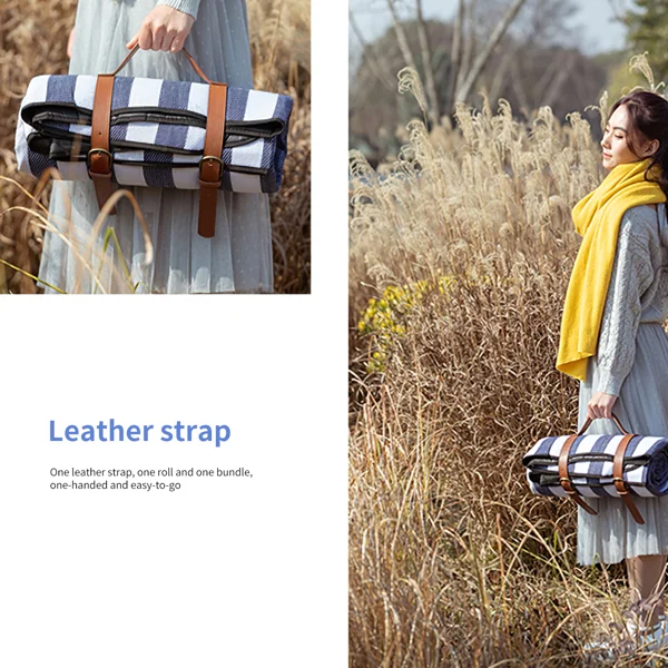 Person carrying the folded beach mat with the strap over their shoulder