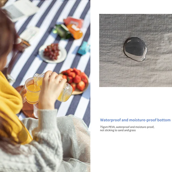 Woman pouring a drink at a picnic on a striped outdoor mat, beside a fabric swatch showing a waterproof water droplet with caption text.