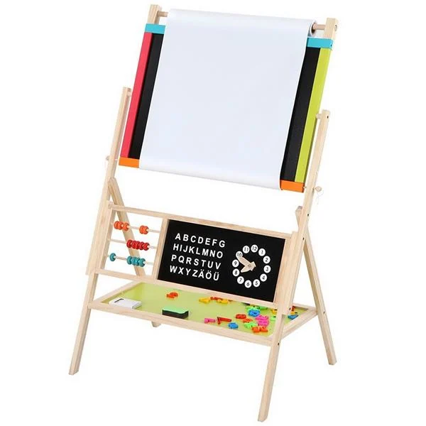 Easel with all accessories laid out: chalk, eraser, and storage compartment