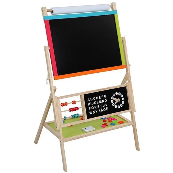 Wooden children's art easel with blackboard, paper roll, abacus, alphabet letters, clock and accessories