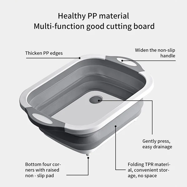 Grey and white collapsible cutting board drain basin with drain hole, annotated with feature callout labels