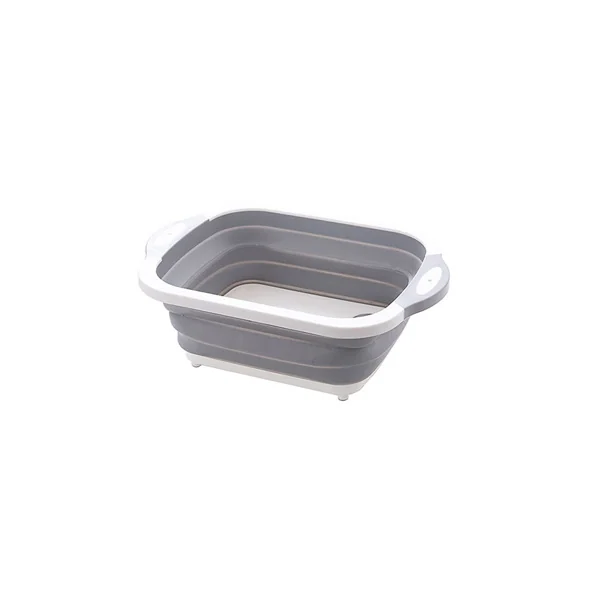 Grey collapsible silicone washing basin with white rim and oval-cutout handles, shown collapsed on a plain white background