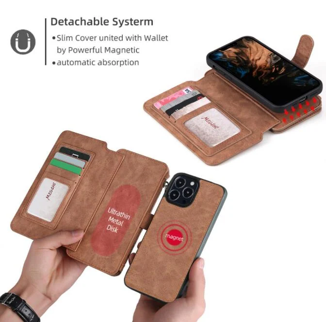 Infographic of brown detachable magnetic wallet phone case showing card slots, metal disk, and hands holding open cover