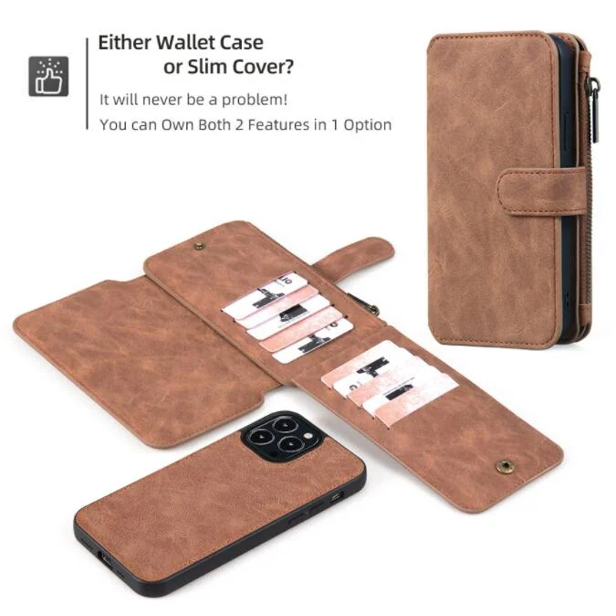 Brown leather wallet phone case shown as slim cover and open folio with card slots and zippered pocket