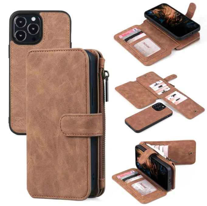 Brown leather wallet phone case shown from multiple angles with card slots, zipper pocket and magnetic clasp