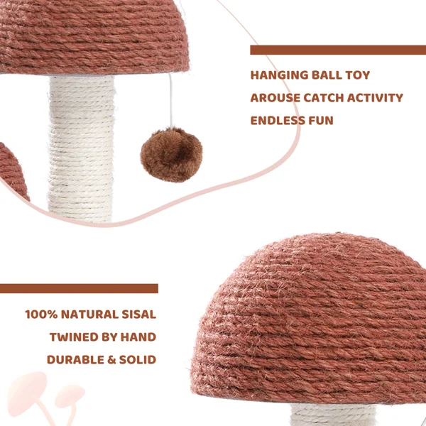 Mushroom-shaped sisal cat scratching post with white rope post, dangling pom-pom ball, and feature text overlays