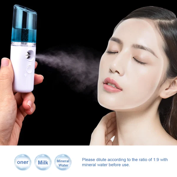 Hand holding a portable blue and white nano facial mister spraying mist onto a woman's face.