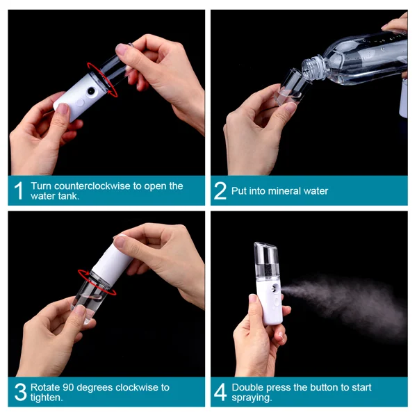 Four-step diagram: hands open nano facial mister, fill with water, tighten, and spray mist.