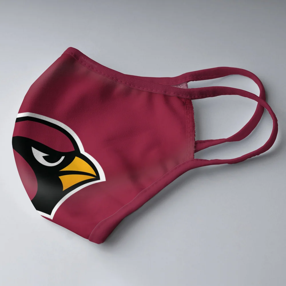 Cardinal red fabric face mask with Arizona Cardinals bird head logo and ear loops on a gray background