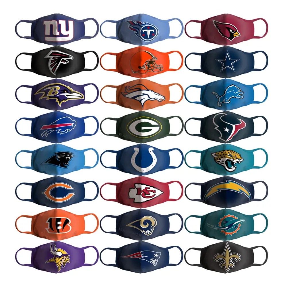 Grid of fabric face masks printed with various NFL football team logos on a white background