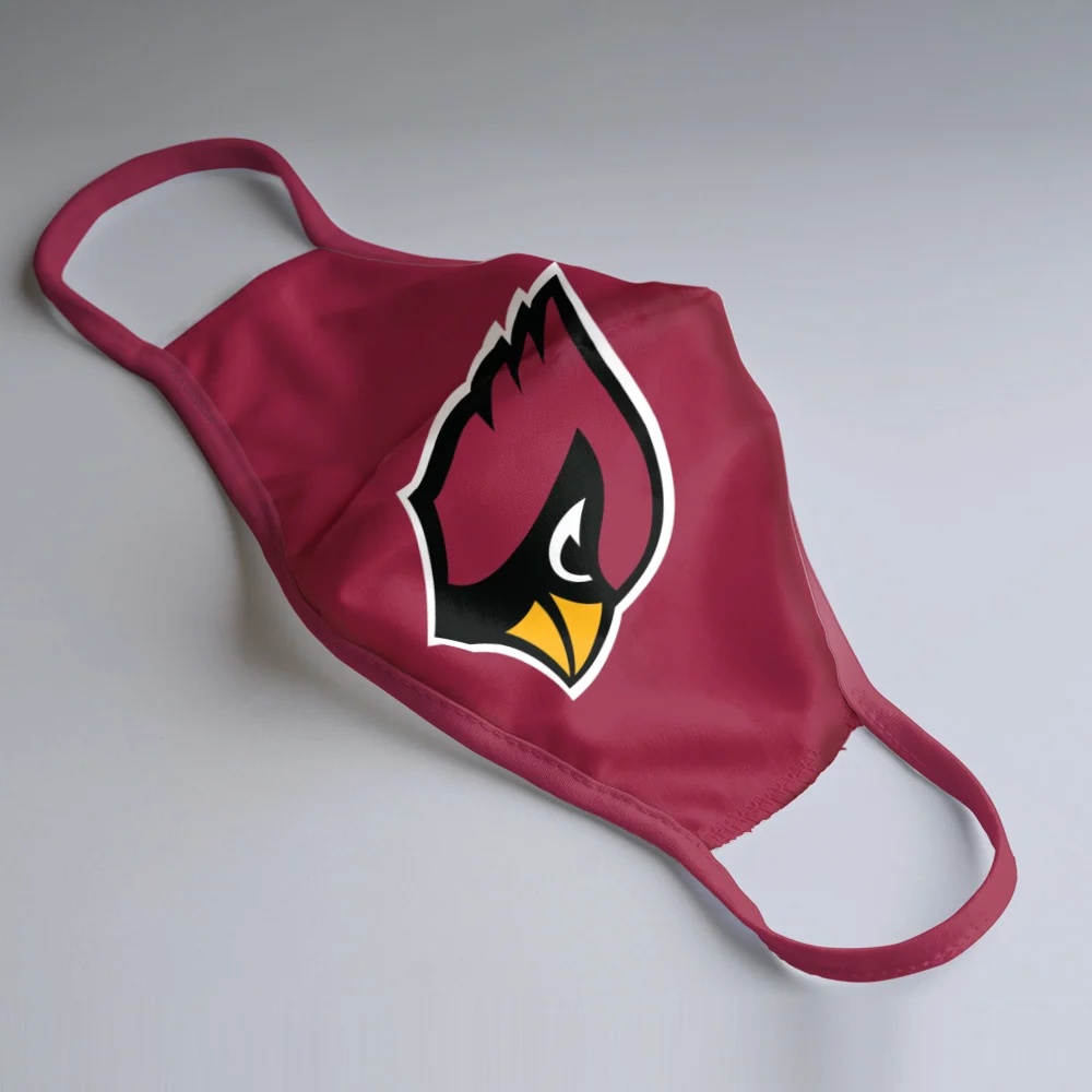Burgundy fabric face mask with Arizona Cardinals cardinal head logo, shown flat on a light gray background