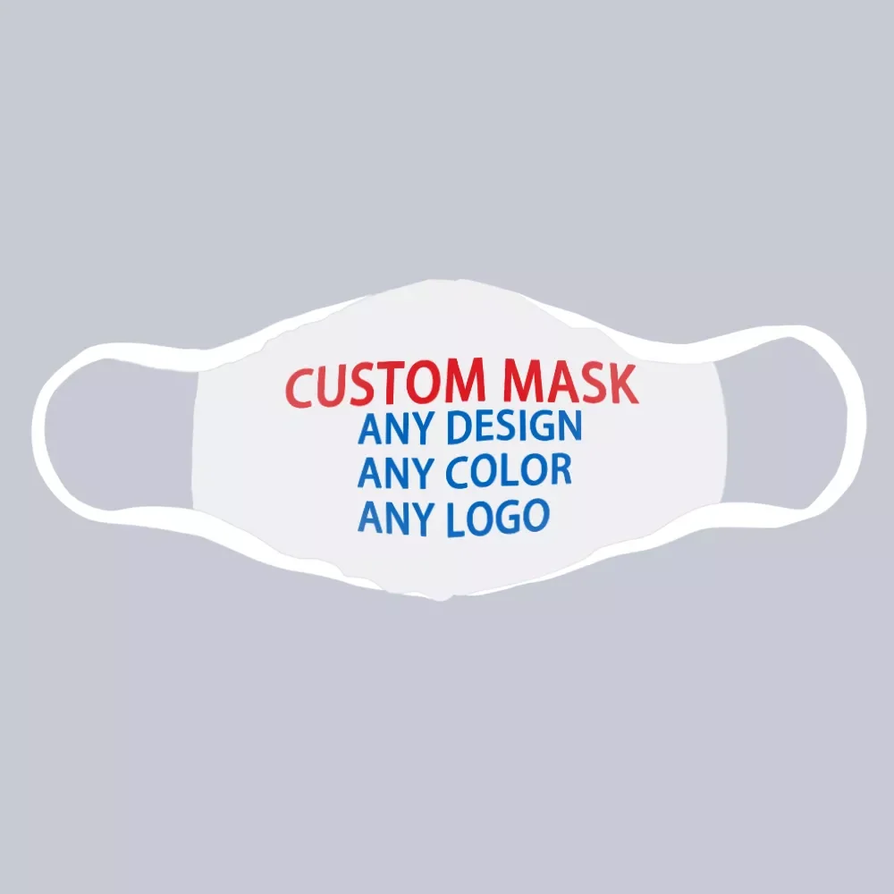White face mask with red and blue text reading Custom Mask, Any Design, Any Color, Any Logo on gray background