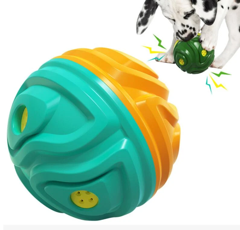 Wobble wag giggle ball toy with strange sound and wobble motion on a wooden floor