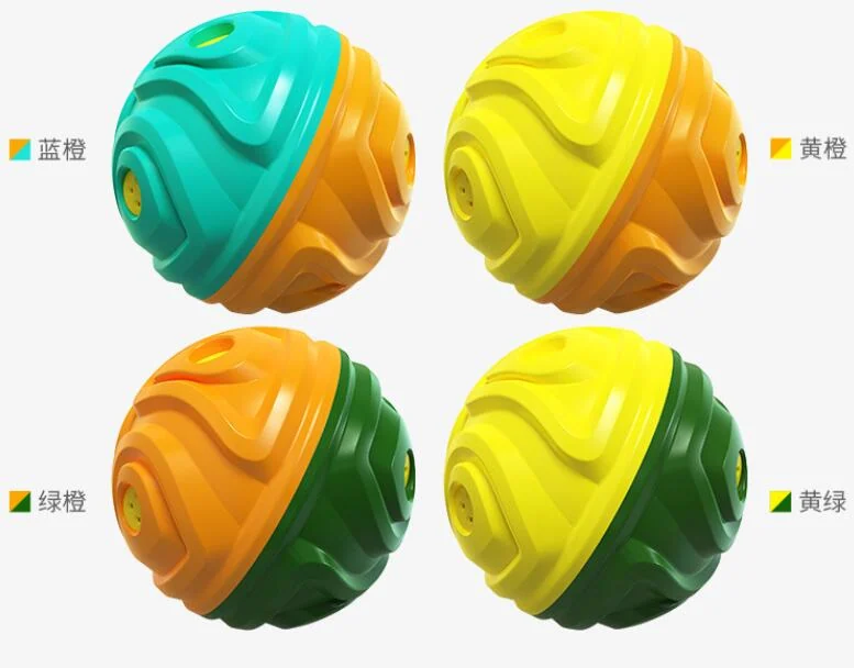 Four colorful wobble giggle dog balls in blue, orange, yellow and green two-tone colorways on a white background