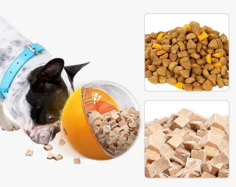 Dog playing with the food-leaking toy, receiving treats through the leak system