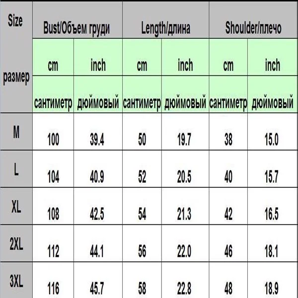Size chart table showing bust, length and shoulder measurements in cm and inches for sizes M to 3XL