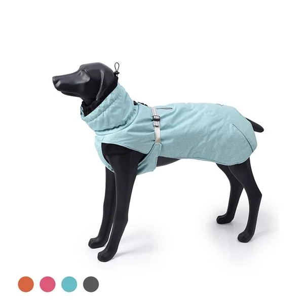 Leash slot behind the neck of the dog jacket with a harness attached