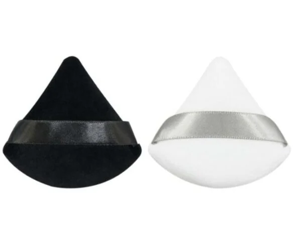 Black and white fan-shaped velvet powder puffs with satin ribbon bands on a white background