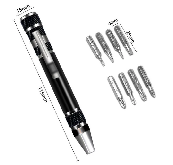 Black pen-type multifunctional screwdriver with eight metal bits, dimension labels 15mm, 115mm, 4mm and 25mm, on white background
