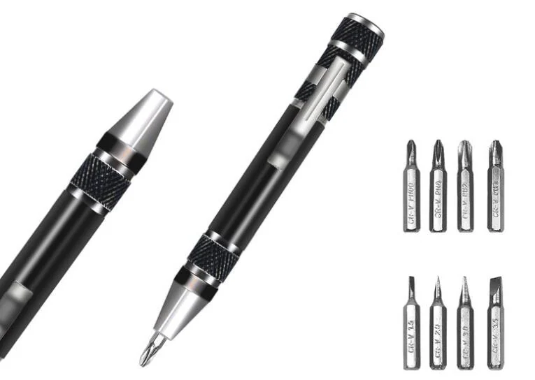 Two black pen-style aluminum screwdriver pens with eight labeled screwdriver bits on a white background