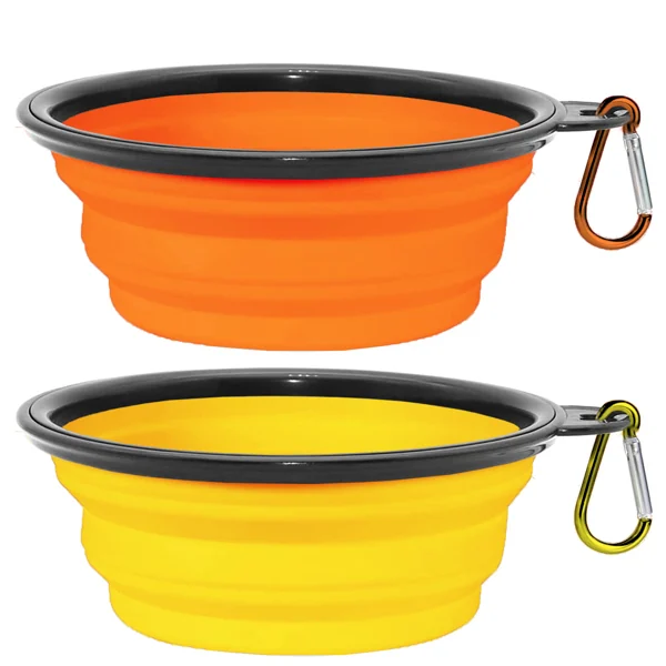 Two collapsible silicone pet bowls, one orange and one yellow, each with a carabiner clip