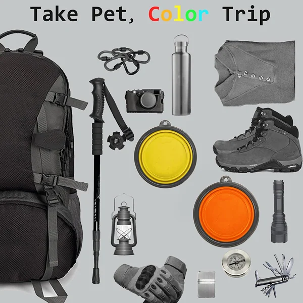 A collection of camping gear including a backpack, trekking poles, camera, and collapsible bowls