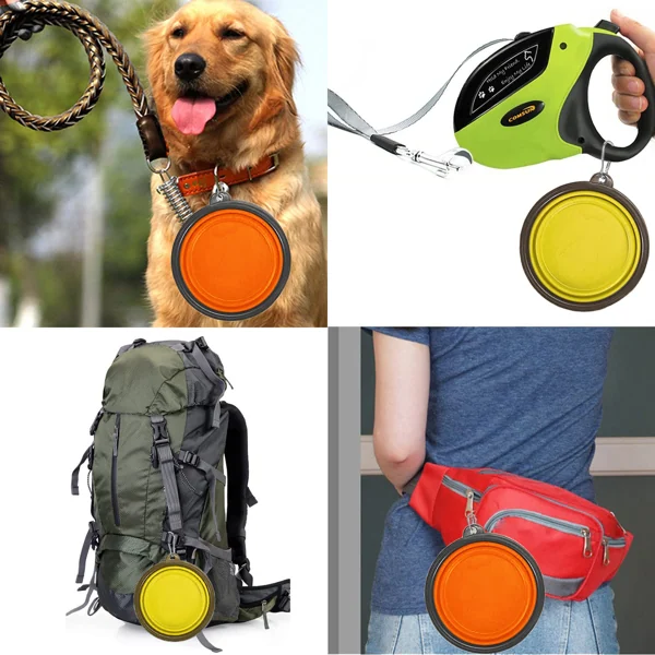 Collage of an orange collapsible pet travel bowl attached to a dog leash, retractable lead, backpack, and red waist bag