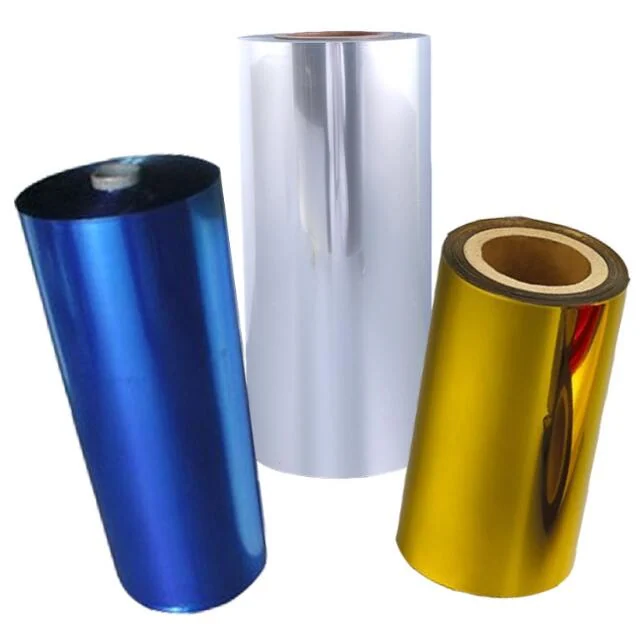 Three rolls of glossy PET thermal lamination film in blue, silver and gold metallic finishes on a white background