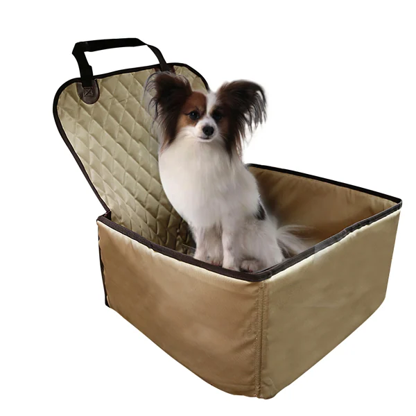 Beige quilted pet car booster seat box with a small Papillon dog sitting inside, shown on a white background