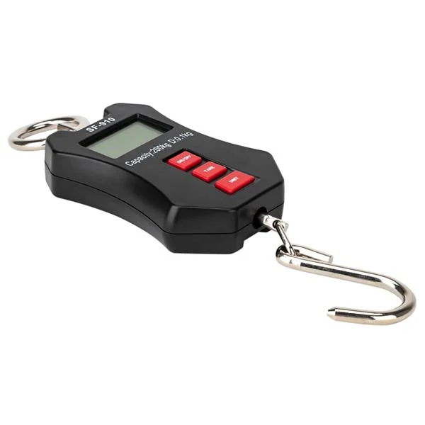Black plastic digital crane scale with LCD screen, red buttons, top ring and steel hanging hook, 200kg capacity