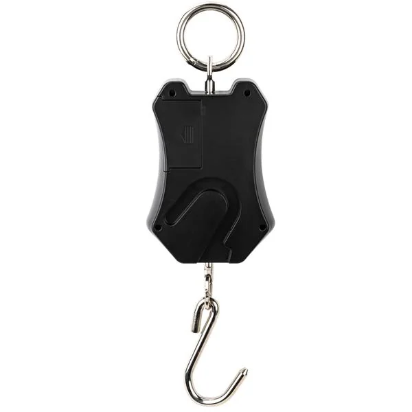 Back of black plastic digital crane scale with steel top ring and S-shaped hanging hook on white background
