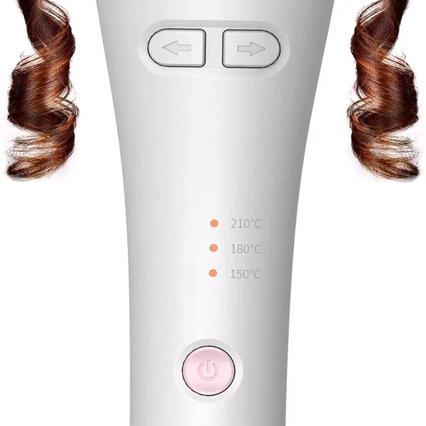 Close-up of white curling iron handle with pink power button, arrow keys and 150-210°C temperature lights