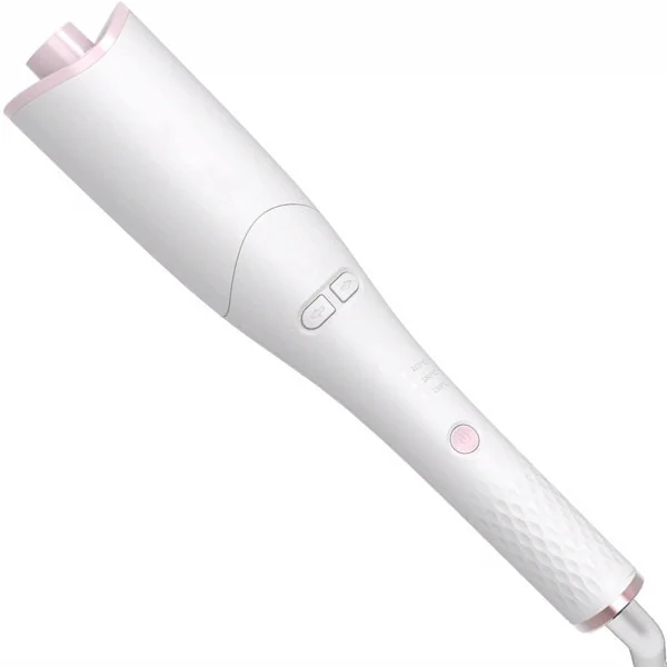 White and pink portable curling iron with rotating ceramic barrel and control buttons on a white background