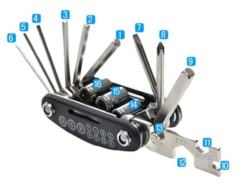 Folding bicycle multitool with hex keys, screwdrivers and sockets fanned out, marked with numbered callout labels