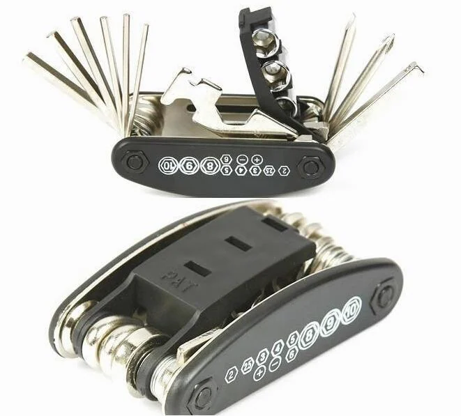 Black folding bicycle repair multi-tool with hex keys and socket bits shown from two angles on white background