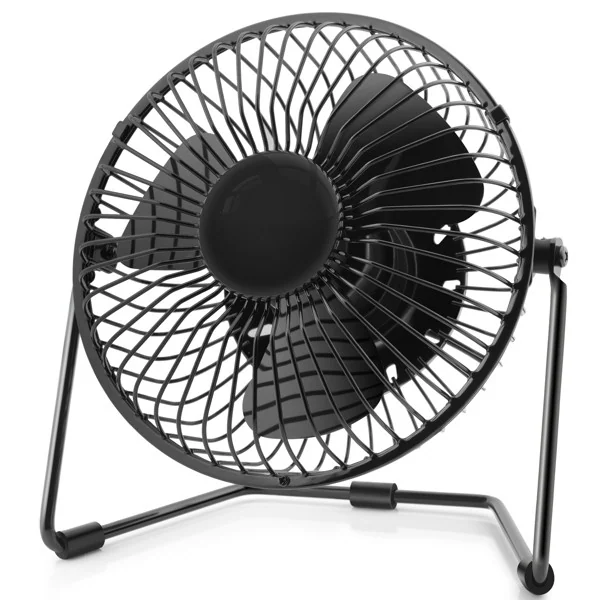 Black portable mini desk fan with round metal grille, blades and folding stand, shown on a white background