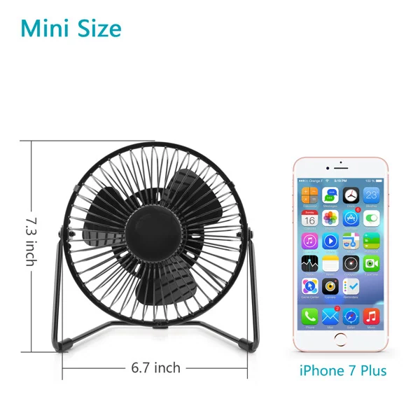Side view of the fan showing its slim profile and USB cable connected to a laptop