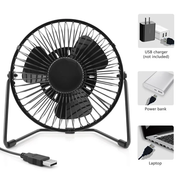 Diagram of a black portable mini fan with USB cable and icons for USB charger, power bank, and laptop.