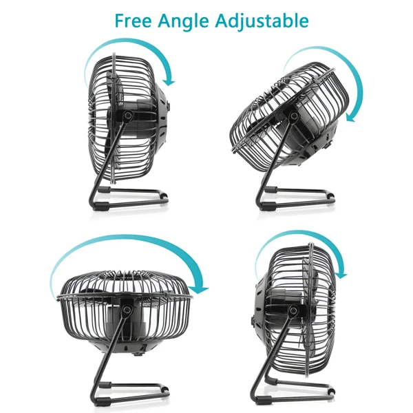 Four views of a black mini desk fan tilted at different angles with teal rotation arrows and caption text