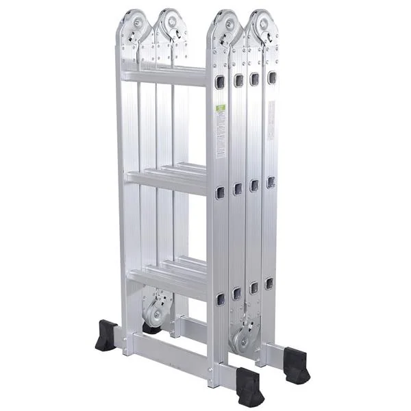 Ladder standing on a flat floor with a person using it safely
