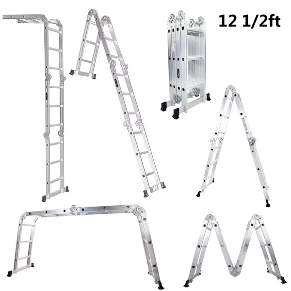 Aluminum multi-purpose folding ladder shown in six configurations including A-frame and scaffold, 12.5 ft, on white background