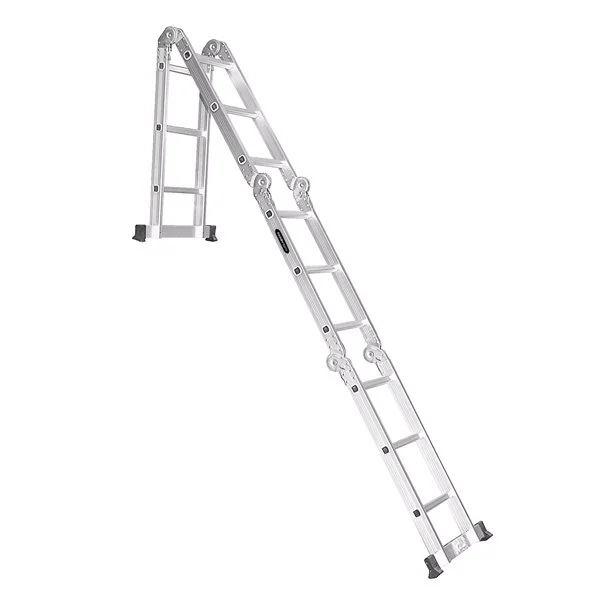 Silver aluminum 12-step multipurpose folding ladder set in angled A-frame extension position on a white background