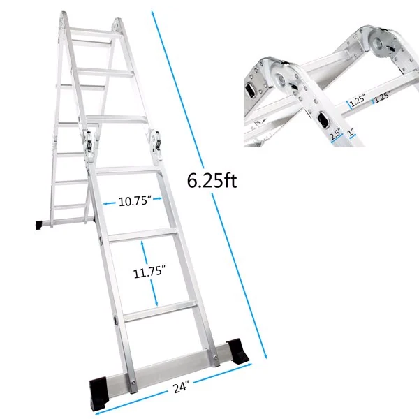 Aluminum folding multipurpose ladder in A-frame position with dimension annotations showing 6.25 ft height and rung spacing