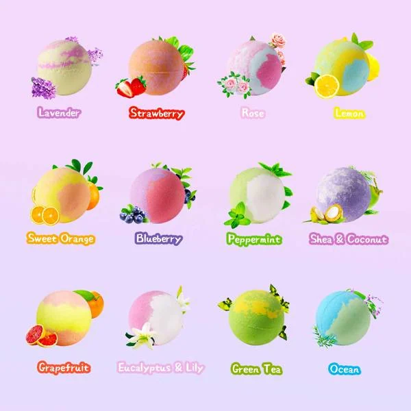 Grid of twelve colorful bath bombs, each labeled with a scent name such as lavender, strawberry, rose, lemon, and ocean.